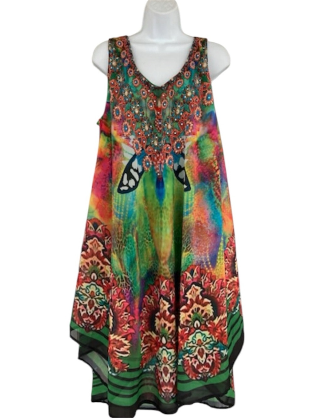 Jessica Taylor Boho Embellished Mixed Media Print chiffon Tank Shift Dress
